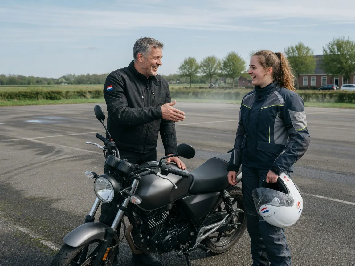 Instructeur geeft een leerling uitleg naast de lesmotor
