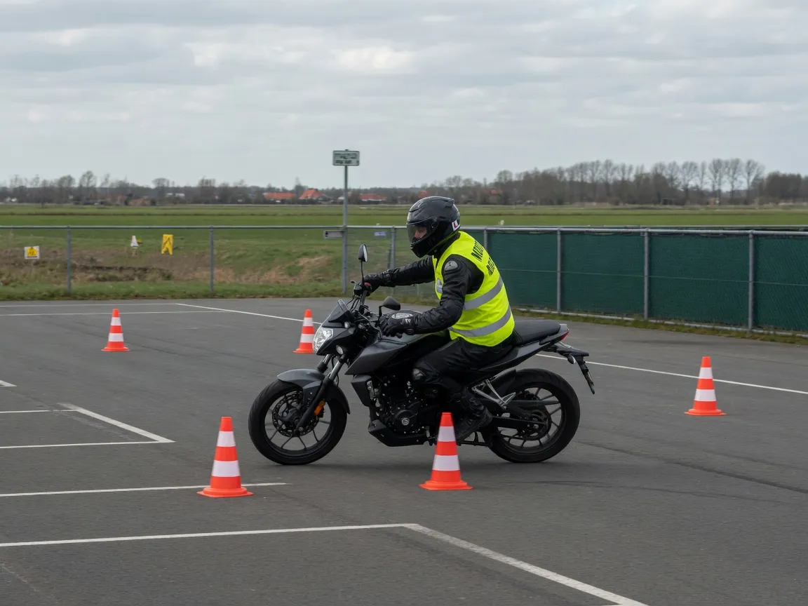 Motorleerling rijdt een slalom tussen pionnen op een oefenterrein