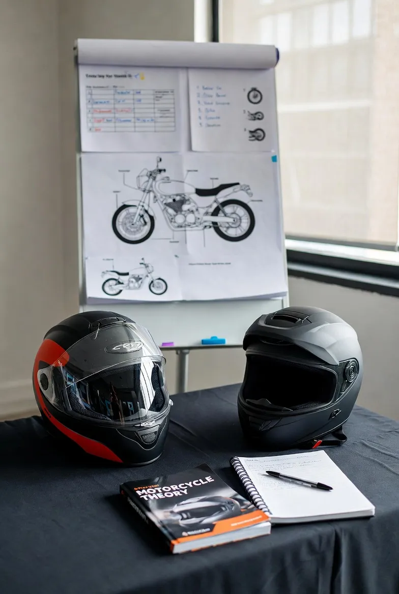 Twee motorhelmen en een theorieboek op tafel, met een flip-over over motortechniek