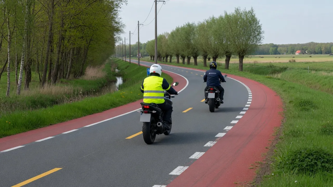 Motorleerling rijdt in het verkeer met een instructeur erachter